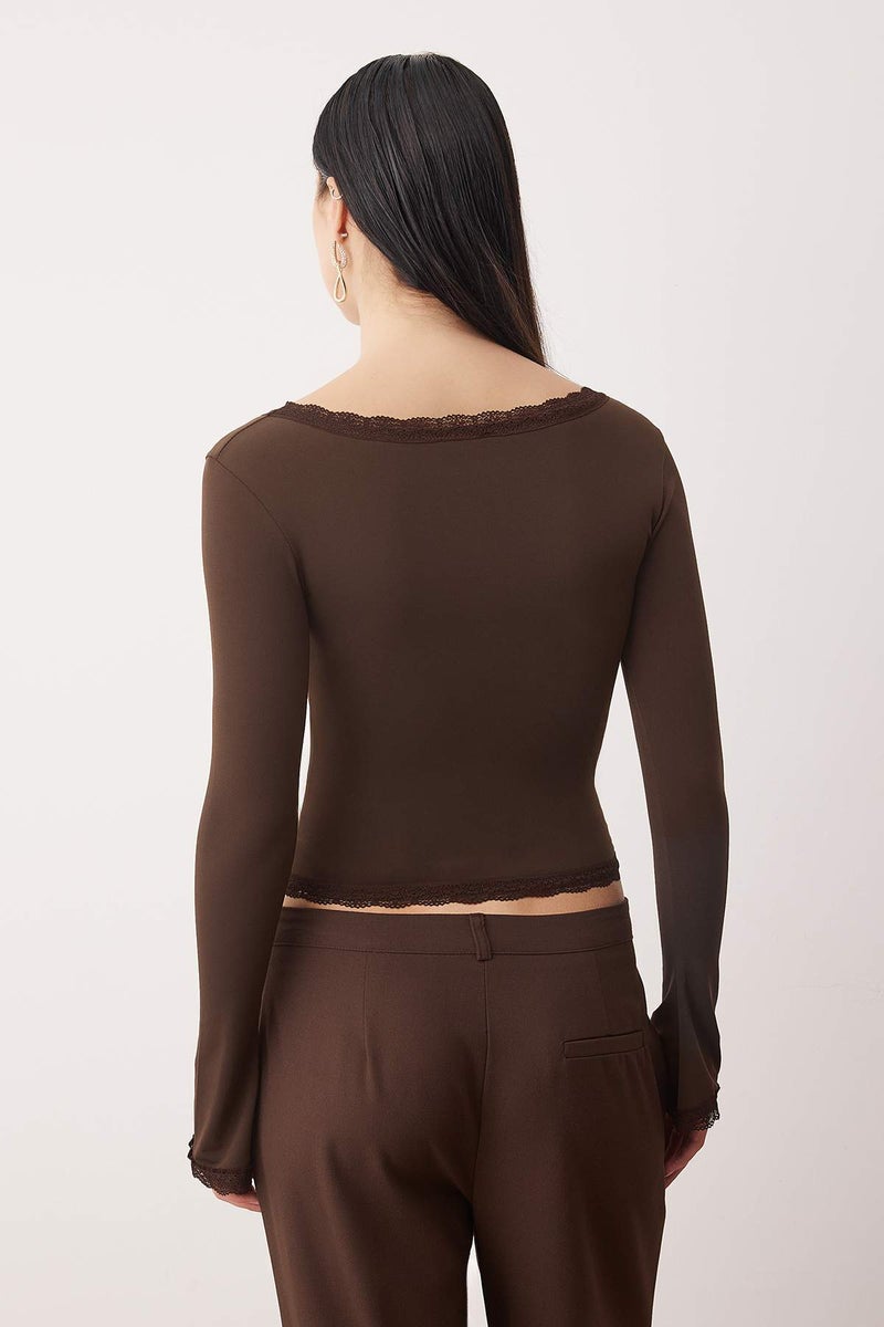 trendyol Dark Brown Lace Detailed Square Neck Knitted Party Blouse Tpraw26Bz00045 - Image 4