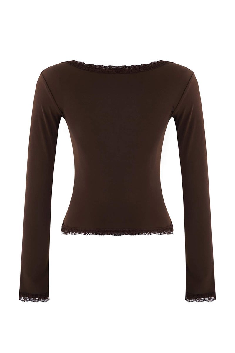 trendyol Dark Brown Lace Detailed Square Neck Knitted Party Blouse Tpraw26Bz00045 - Image 5