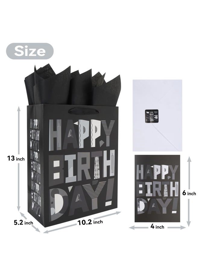 wishinside 13” Large Black Happy Birthday Gift Bag Set with Handles, Greeting Card, Tissue Papers and Stickers for Men Boys Kids Teens, Cartoon Design, 1 Pcs - Image 2