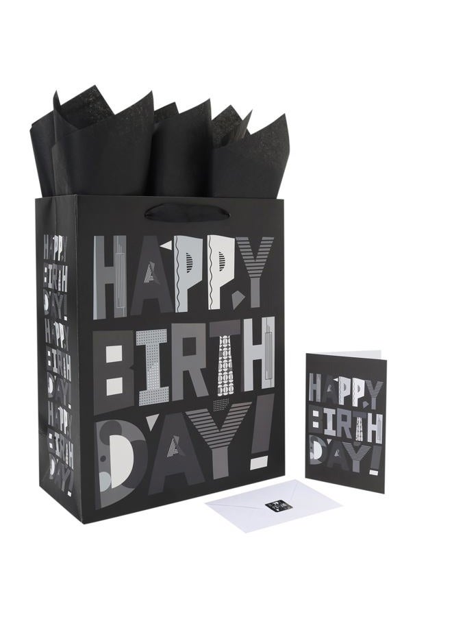 wishinside 13” Large Black Happy Birthday Gift Bag Set with Handles, Greeting Card, Tissue Papers and Stickers for Men Boys Kids Teens, Cartoon Design, 1 Pcs - Image 1