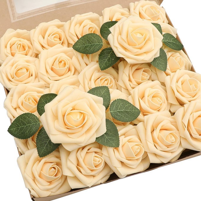 ARTIFICIAL FLOWERS 25PCS REAL LOOKING CREAMY YELLOW FOAM FAKE ROSES WITH STEMS FOR DIY WEDDING BOUQUETS BRIDAL SHOWER CENTERPIECES FLORAL ARRANGEMENTS PARTY TABLES HOME DECORATIONS