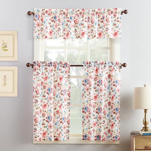 No. 918 Dora Floral Semi-Sheer Rod Pocket Kitchen Curtain Set, 54" x 36", Coral - Image 1