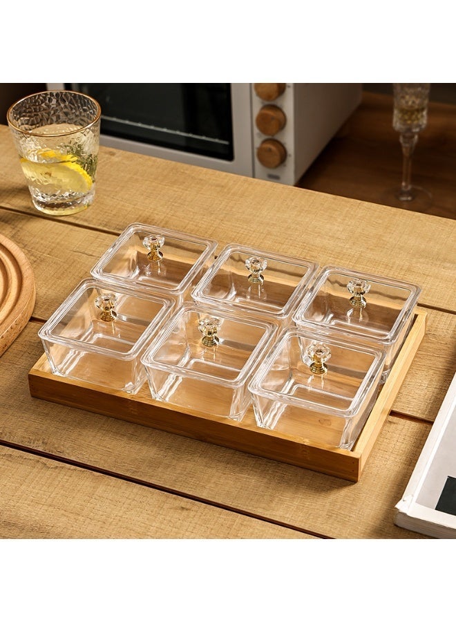 AiQi Multi-Compartment Plastic Serving Set with Lids and Bamboo Tray for Snacks, Fruits, Nuts and Condiments - Image 2