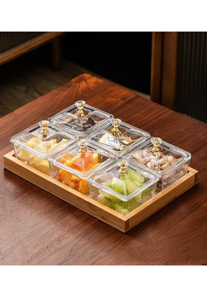 AiQi Multi-Compartment Plastic Serving Set with Lids and Bamboo Tray for Snacks, Fruits, Nuts and Condiments - Image 1