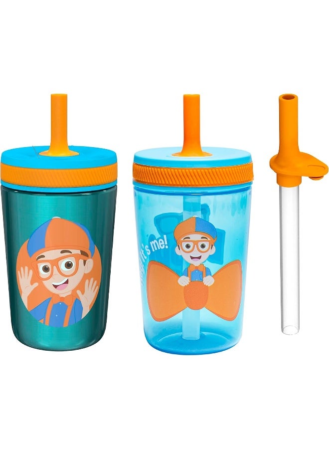 Zak Designs Blippi Kelso Tumbler Set, Leak-Proof Screw-On Lid with Straw, Bundle for Kids Includes Plastic and Stainless Steel Cups with Bonus Sipper, 3pc Set, Non-BPA, 15 fl oz - Image 1