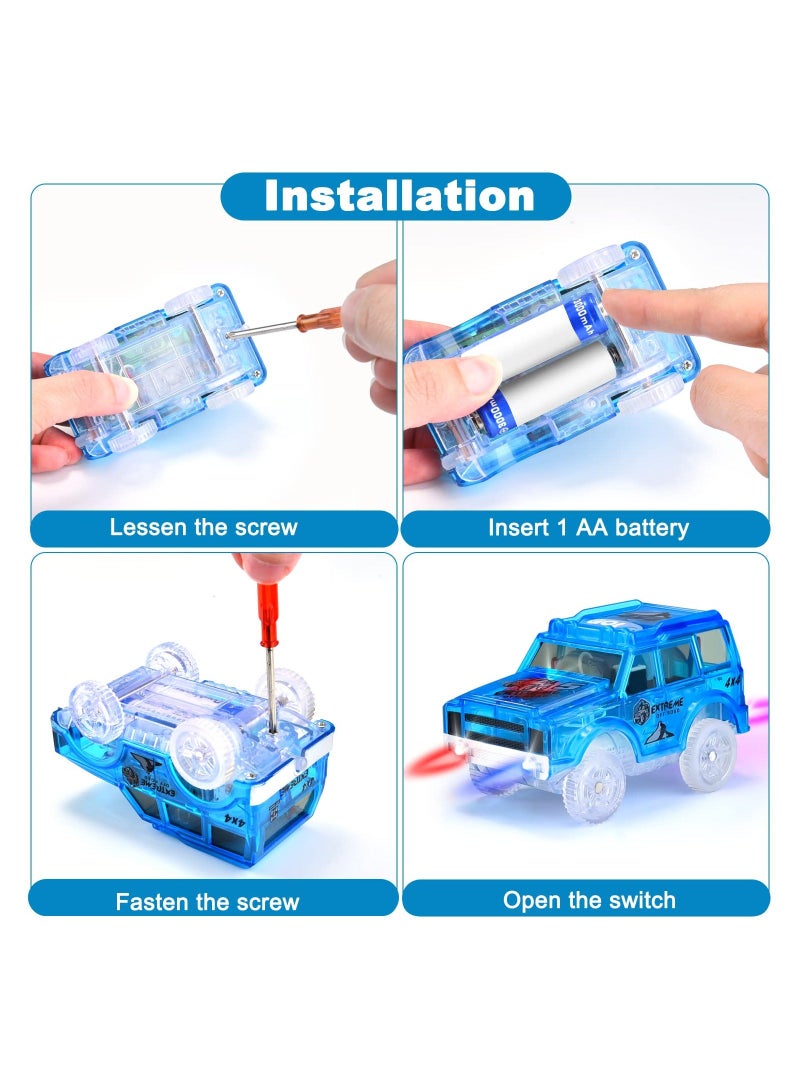 إسكدنيا قطع غيار سيارات المضمار فقط، سيارات ألعاب مضيئة مع 3 مصابيح LED وامضة وملحقات مضمار سباق السيارات المتوافقة مع مسارات السحر والمسارات مع معظم سيارات المضمار للأولاد والبنات (عبوة من 4 قطع) - Image 5