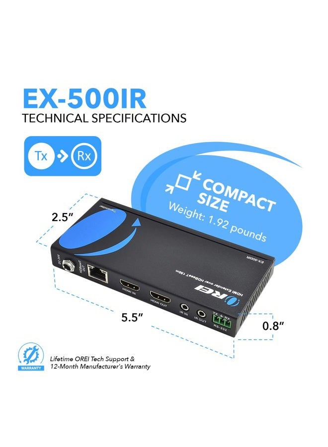 OREI HDBaseT HDMI Extender over Cat5e/6 Ethernet LAN cable - Up to 500 Feet - IR, HDMI Loop-out, RS-232, PoC, HDMI Balun (EX-500IR) - Image 5