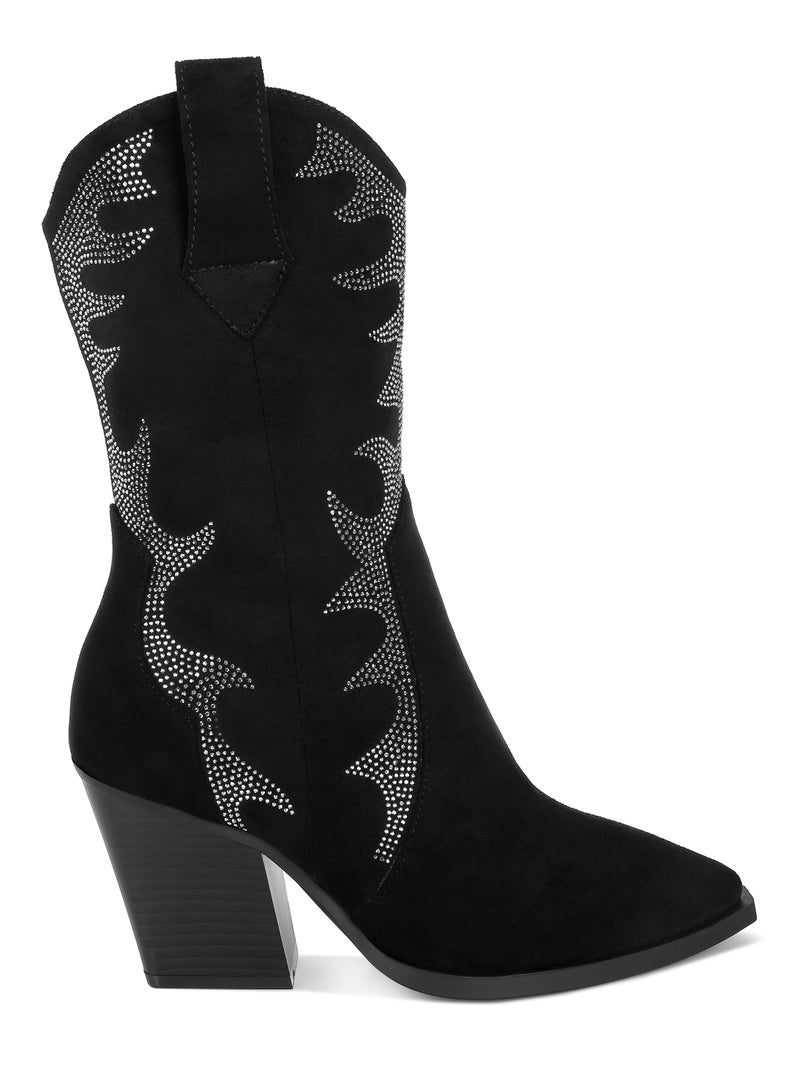 London Rag Rhinestones Embellished Calf Boots in Black  - Image 1