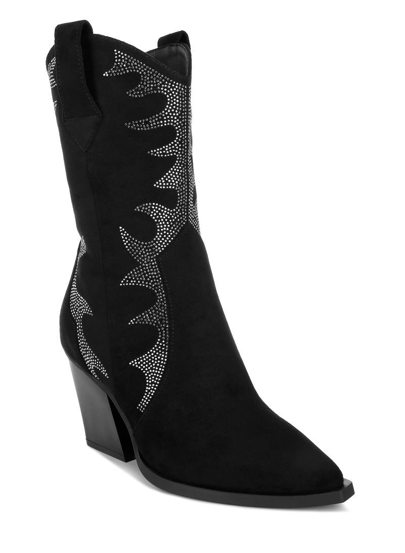 London Rag Rhinestones Embellished Calf Boots in Black  - Image 2