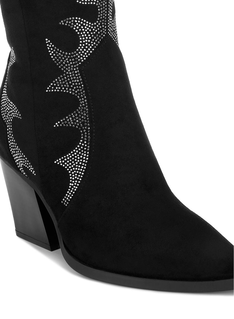 London Rag Rhinestones Embellished Calf Boots in Black  - Image 5