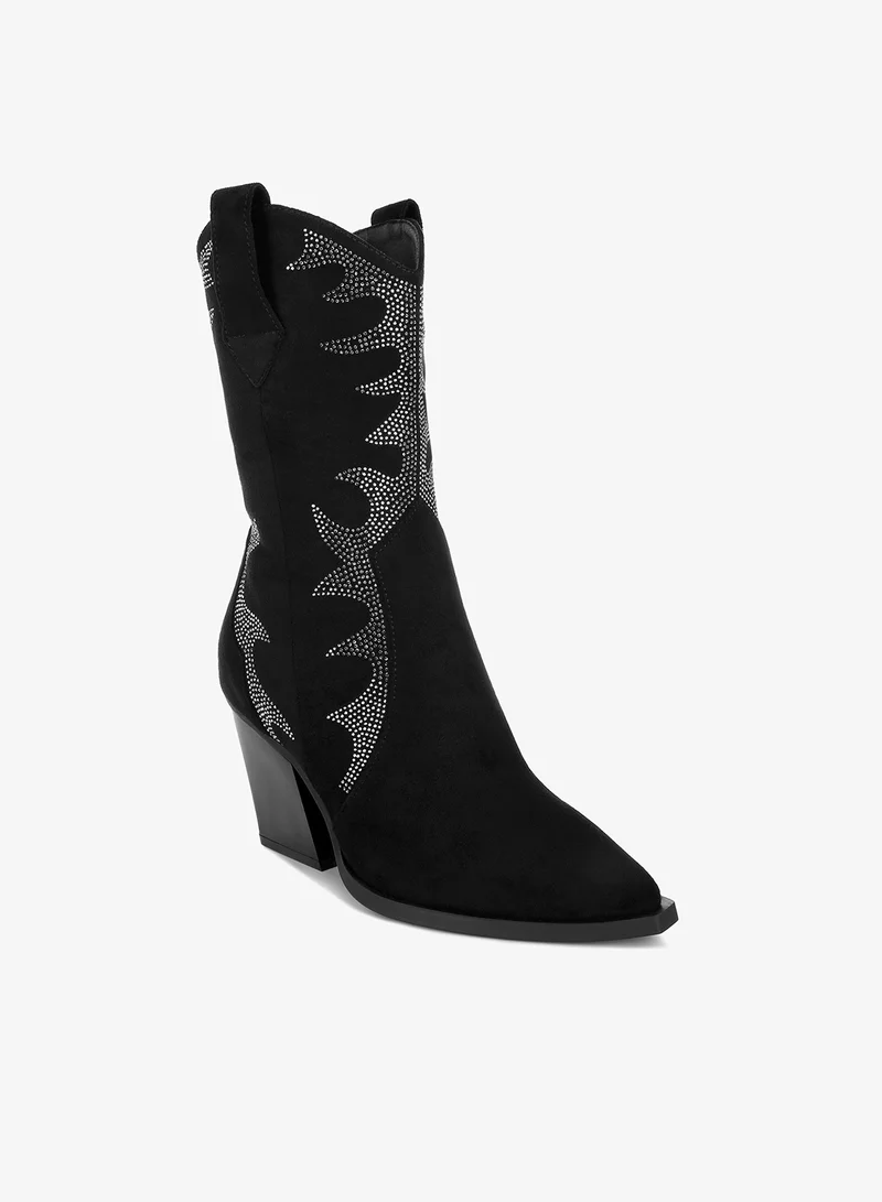 لندن راج حذاء طويل الساق مزين بأحجار الراين باللون الأسود