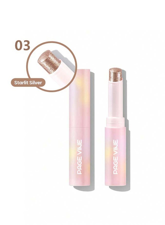 PAGE VINE Crystal Jelly Glaze Stick,Eye Shadow Stick Eyeliner Brightener Pencil Crayon with Brush Easy to Blend Long Lasting Shimmer Eyeshadow Stick-#03 Starlit Silver - Image 2