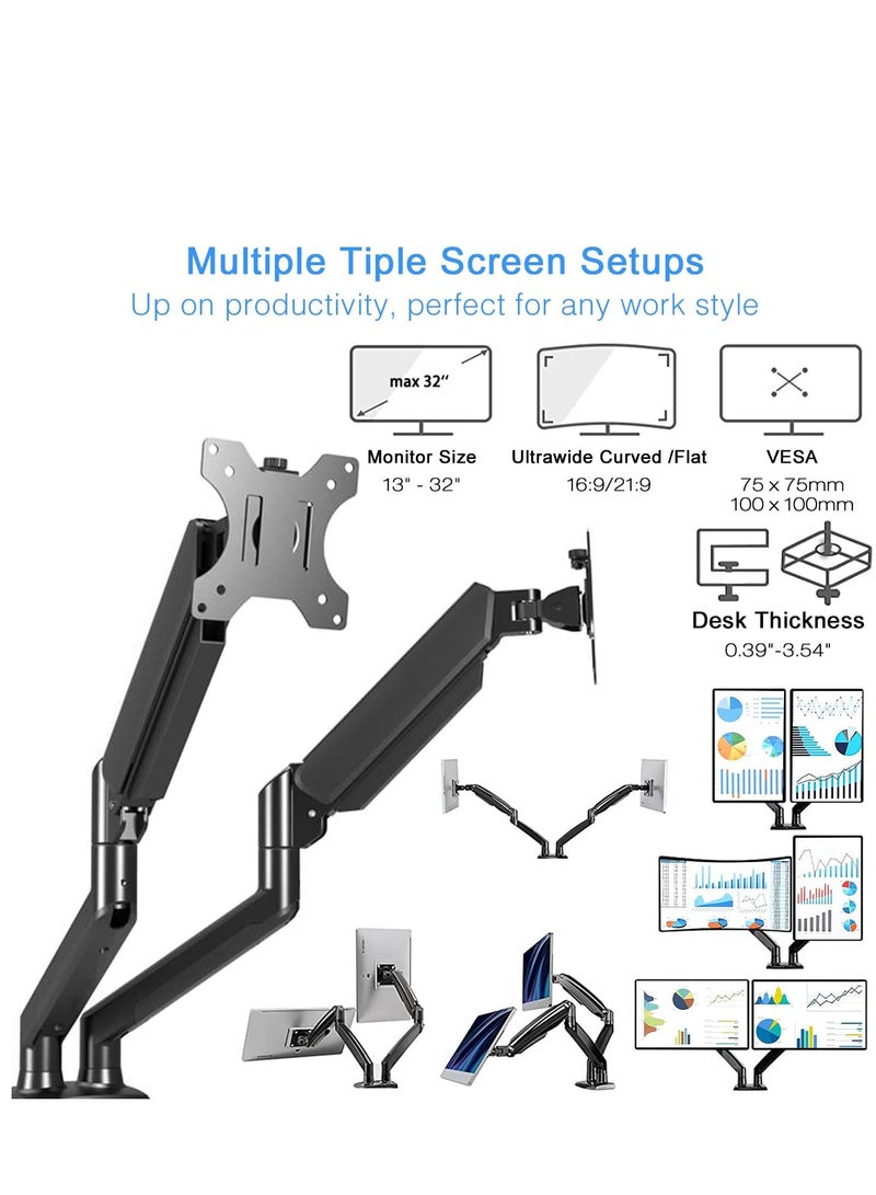 Dual Monitor Stand, Adjustable Gas Spring Monitor Desk Arm, Heavy Duty Monitor Mount, Load Capacity 2-10 KG VESA Monitor Stand, Suitable for 13 to 32 inch Computer Monitor Mount for Home Office - Image 2