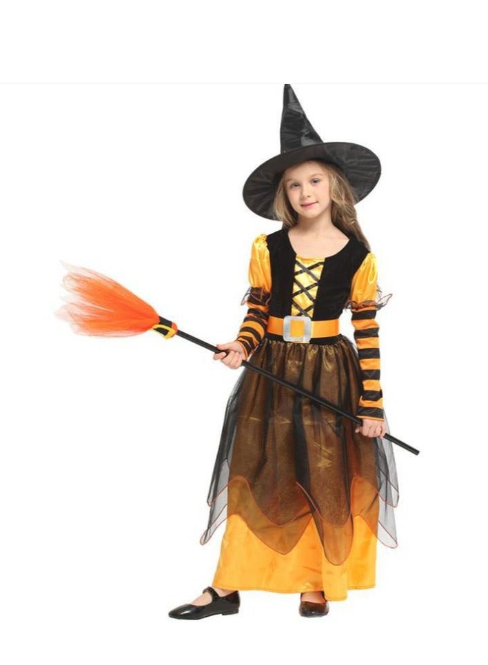 Golden Witch Costume Girls Witch Dress Princess Skirt with Hat Role Playing Set Suitable for Party, Carnival, Masquerade, Size L Suitable for Height 120-130cm (Yellow) - Image 1