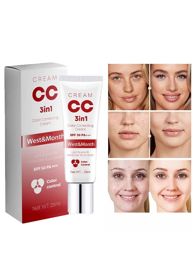 West&Month 3 in 1 CC Color Correcting Cream - Multi-Purpose Skin Tone Adjusting CC Cream Concealer Full Coverage, SPF 50 Sunscreen Moisturizing Pre-Makeup Primer Brightening 25ml  - Image 1