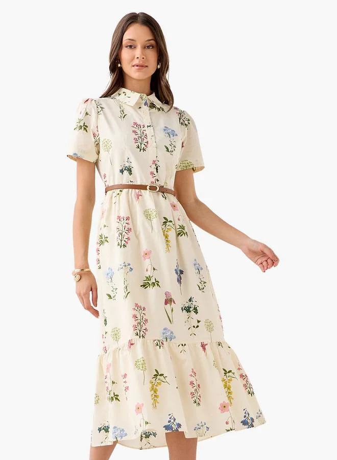 Splash FAV Belted Midi Cotton Shirt Dress with Floral Print