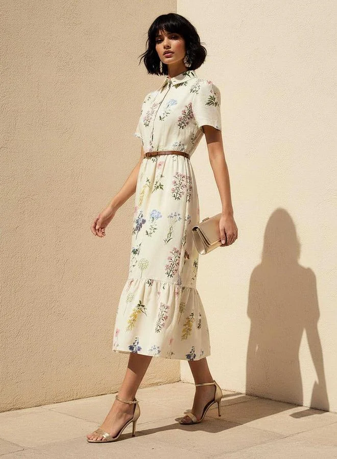 Splash FAV Belted Midi Cotton Shirt Dress with Floral Print
