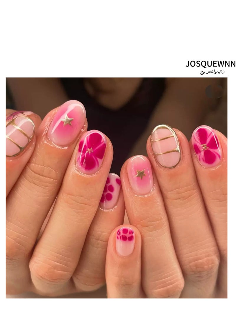Press On Nails 24pcs, With a Short Round Star and Floral Decorated Design, a Set Of 24 Refreshing Art Pieces, Perfect For Both Everyday Wear. Acrylic Nails With Glue Kit.