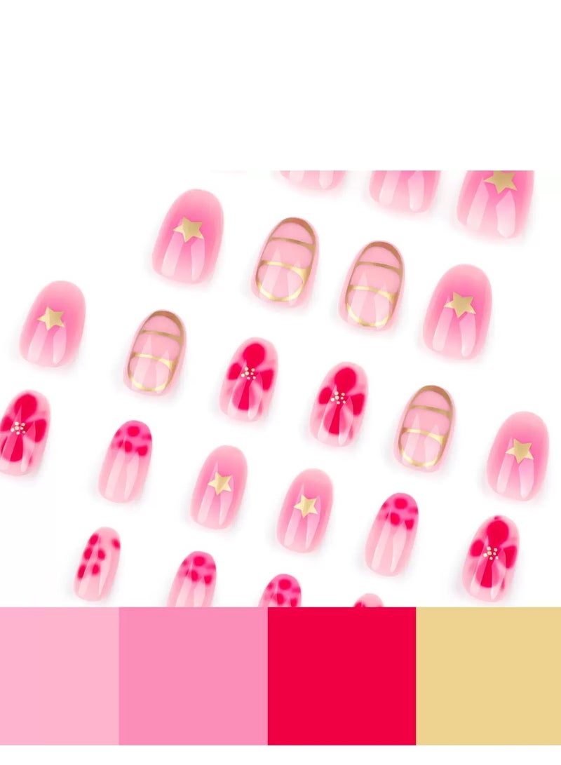 Press On Nails 24pcs, With a Short Round Star and Floral Decorated Design, a Set Of 24 Refreshing Art Pieces, Perfect For Both Everyday Wear. Acrylic Nails With Glue Kit.
