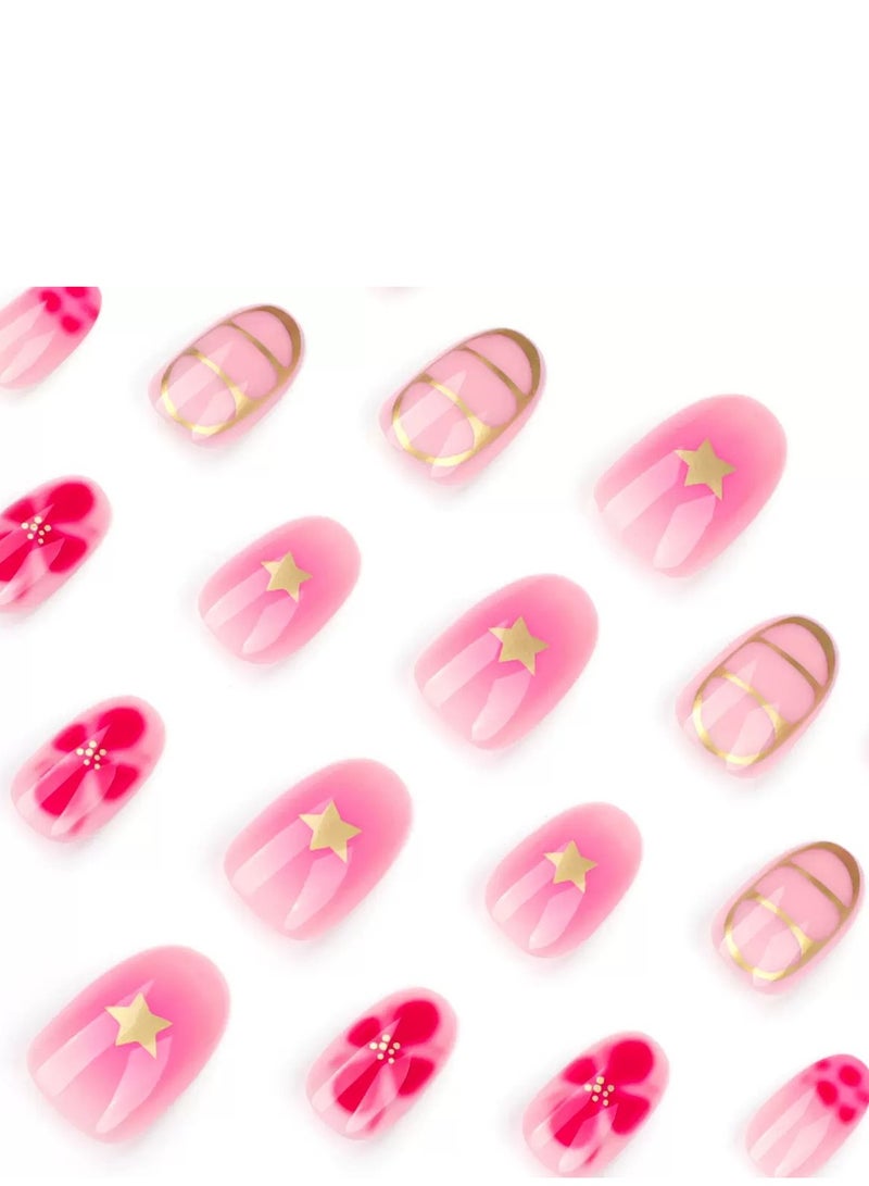 Press On Nails 24pcs, With a Short Round Star and Floral Decorated Design, a Set Of 24 Refreshing Art Pieces, Perfect For Both Everyday Wear. Acrylic Nails With Glue Kit.