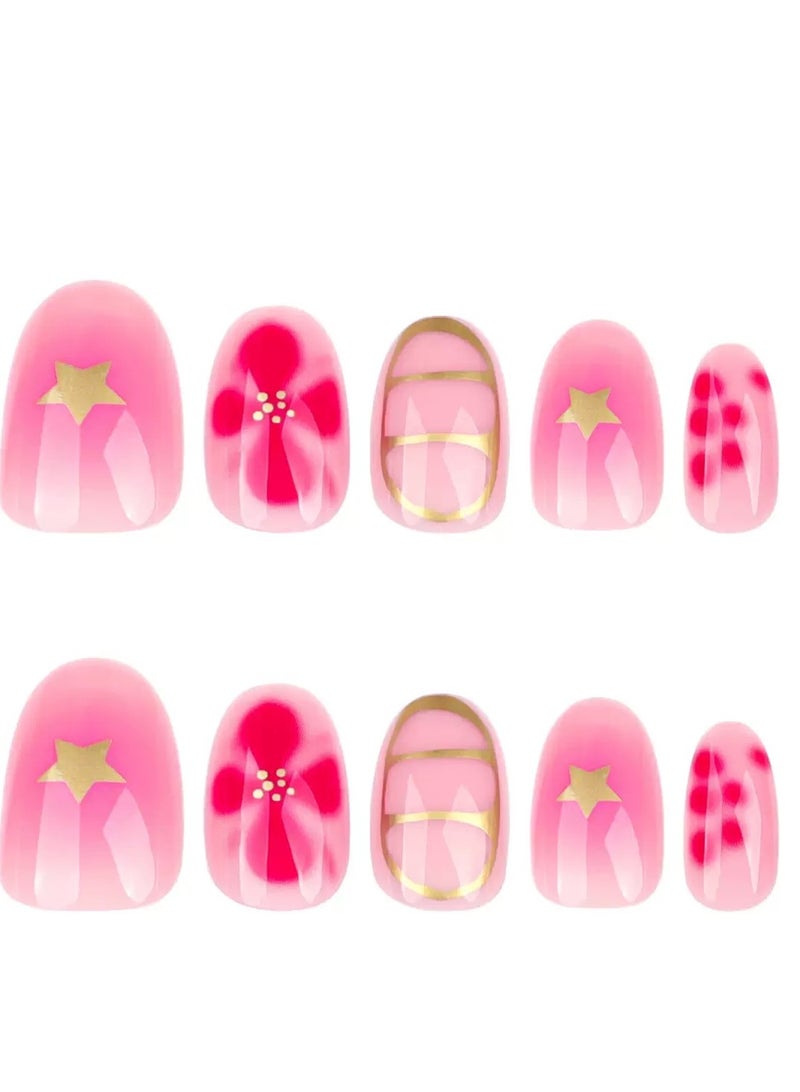 Press On Nails 24pcs, With a Short Round Star and Floral Decorated Design, a Set Of 24 Refreshing Art Pieces, Perfect For Both Everyday Wear. Acrylic Nails With Glue Kit.