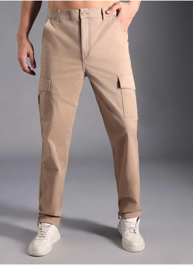 HIGH STAR Men's Taupe Trousers - Straight Fit Cargo Style