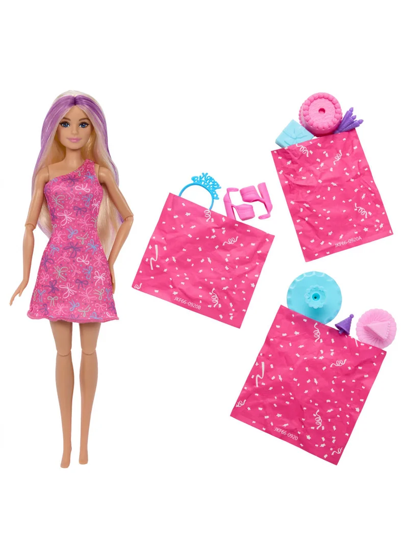 باربي Rise & Surprise Doll & Accessories, Pet Birthday Series with 12 Surprises Including Slide & Color-Change Activity (Styles May Vary)