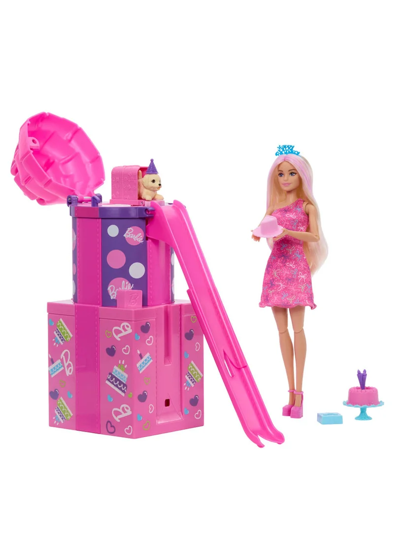 باربي Rise & Surprise Doll & Accessories, Pet Birthday Series with 12 Surprises Including Slide & Color-Change Activity (Styles May Vary)