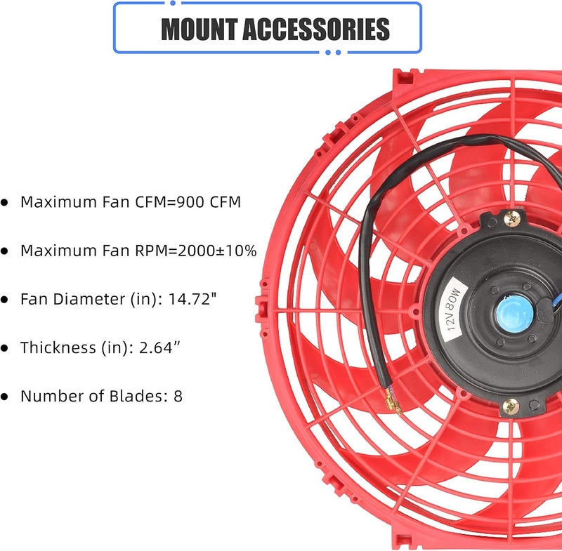 GESEXI 12 Inch Slim Fan Push Pull Electric Radiator Cooling Fan Universal High Performance 12V 80W Motor with Fan Mounting Kit (Red) - Image 3
