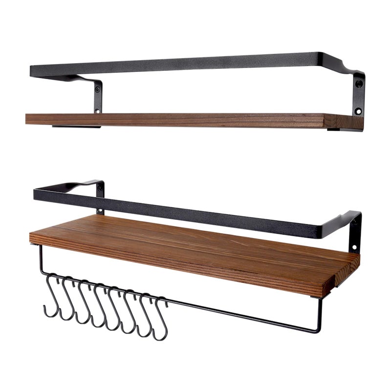 AGM Floating Shelves Wall Mounted Shelf Wooden Wall Shelves Racking Set of 2 for Bedroom Bathroom Living Room Kitchen Storage w 1 Towel Bar and 8 SHooks Max Load 33lbs