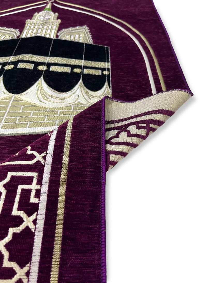 AL-HRAER Luxury Chenille Soft Prayer Mat with Motifs Inspired by the Curtain of Holy Kaaba and the Clock Tower Design size 115x70 cm  - Image 3