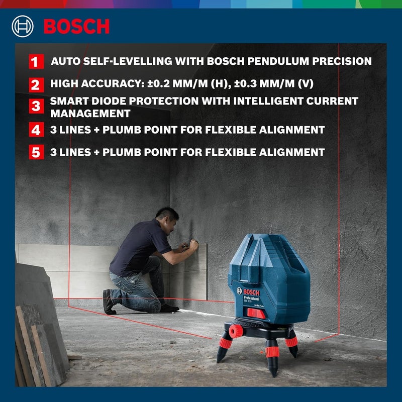 BOSCH Professional GLL 3-15X Line Laser, IP54 15m Self Levelling (Accuracy: ± 0.2 mm/m, Blue) - Image 3
