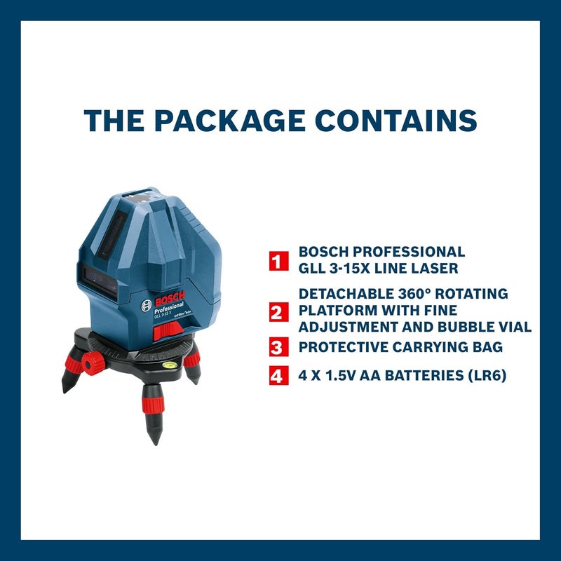 BOSCH Professional GLL 3-15X Line Laser, IP54 15m Self Levelling (Accuracy: ± 0.2 mm/m, Blue) - Image 2