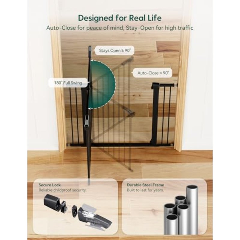 Metal Baby Gate, 29-48" Auto Close Easy Install Pet Gate, Extra Wide Walk Thru Child Safety Gate, Pressure Mounted Dog Gate for Doorways and Stairs, with Y Spindle Rods, Black - Image 5