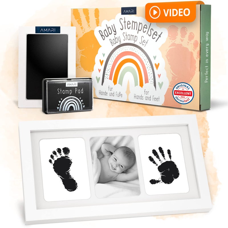 Amari ® Baby Handprint and Footprint Set Including 2 Ink Pads and 4 Print Cards - Ideal Baby Gift for Birth - Hand and Foot Print with Picture Frame - Baby Shower Footprint Gift - Image 1