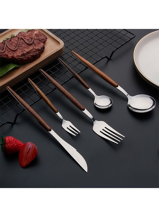 5 Pcs Silverware Tableware Set with Faux Wooden Handle, Creative 304 Stainless Steel Anti Rust Mirror Plished Retro Wooden Flatware, Knife Spoons And Forks Restaurant Kitchen Utensil (Silver)  - Image 4