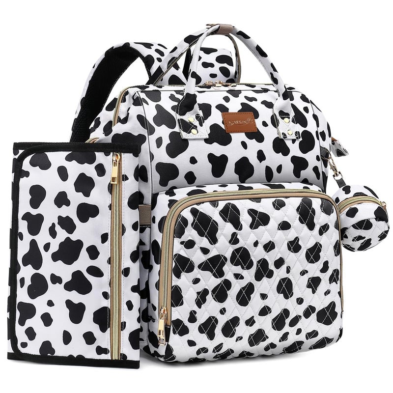 ROSEGIN Diaper Bag Backpack with Changing Pad Pacifier Case Baby Bag for Boy Girl Toddler Large Stylish Waterproof Travel Quilted Diaper Bag for Mom Baby Shower Registry Cow