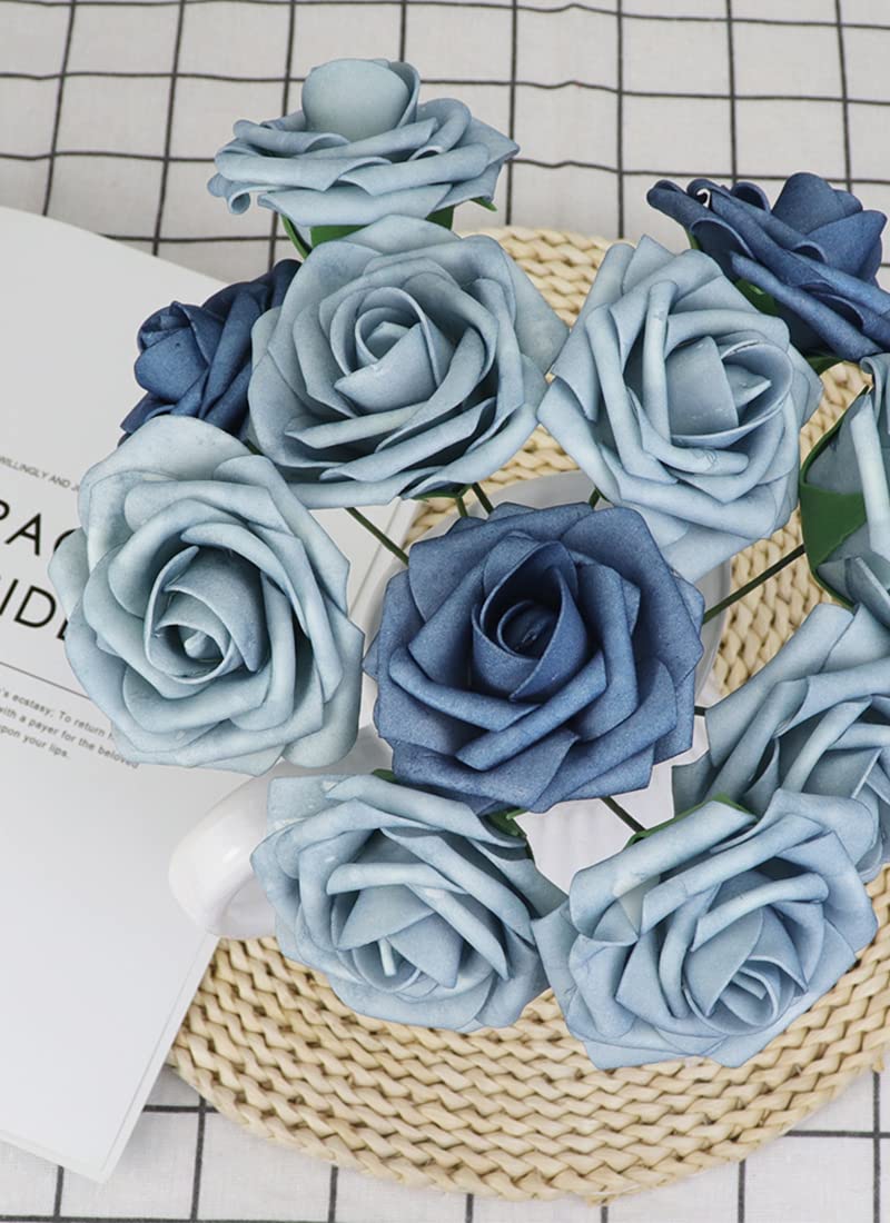 Jdsour 50pcs Artificial Flower，Real Touch Foam Roses w/Stem DIY for Wedding Bouquet Centerpieces Party Shower Home Decor-Dusty Blue Shades - Image 2