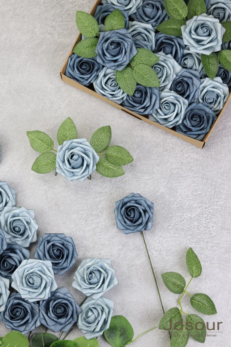 Jdsour 50pcs Artificial Flower，Real Touch Foam Roses w/Stem DIY for Wedding Bouquet Centerpieces Party Shower Home Decor-Dusty Blue Shades - Image 3