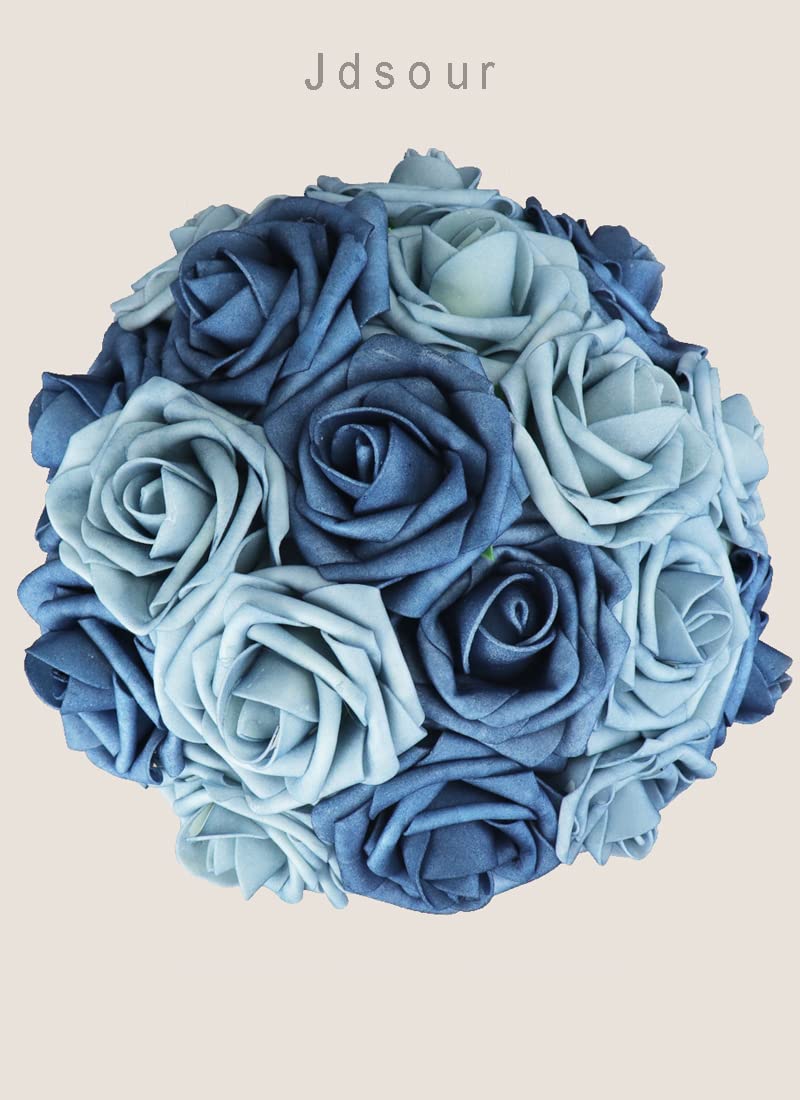 Jdsour 50pcs Artificial Flower，Real Touch Foam Roses w/Stem DIY for Wedding Bouquet Centerpieces Party Shower Home Decor-Dusty Blue Shades - Image 5