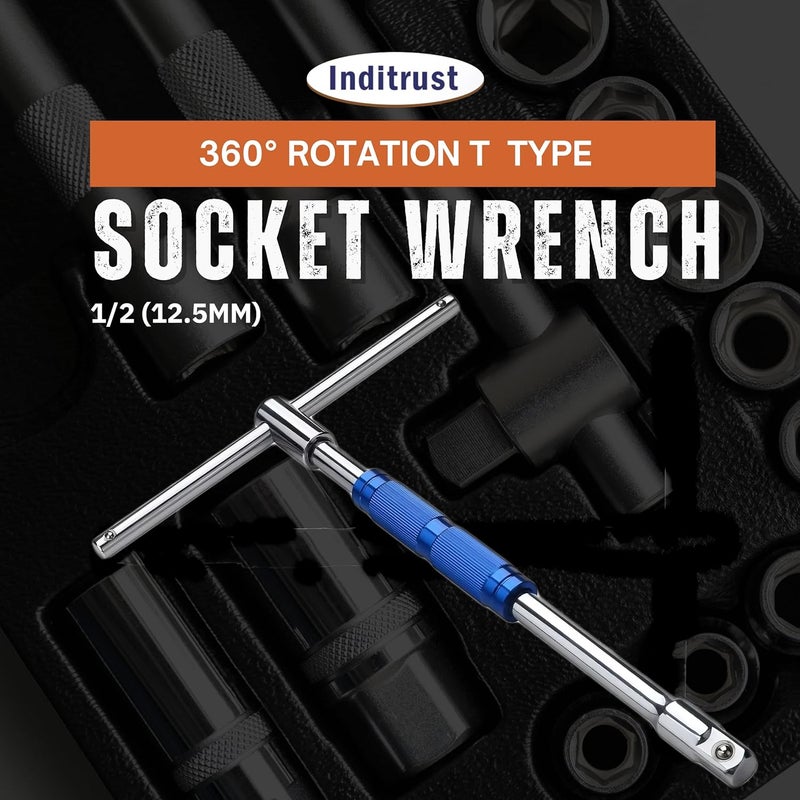 Inditrust مفتاح ربط نوع T بزاوية 360° 1/2 (12.5 مم) مزود بعصا T قابلة للفصل لأدوات غلاف المقبس سداسي/اثني عشر زاوية - Image 2