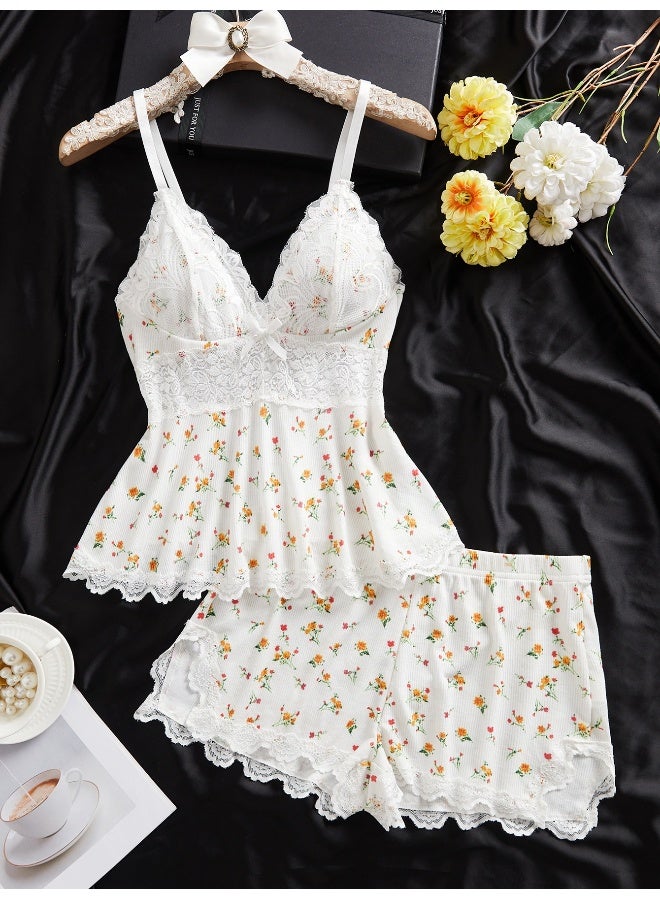 نيبمينينت مجموعة نوم نسائية من NIBEMINENT بتصميم بدون أكمام مع حواف من الدانتيل - ملابس نوم من modal شورت من قطعتين للاسترخاء في المنزل - Image 1