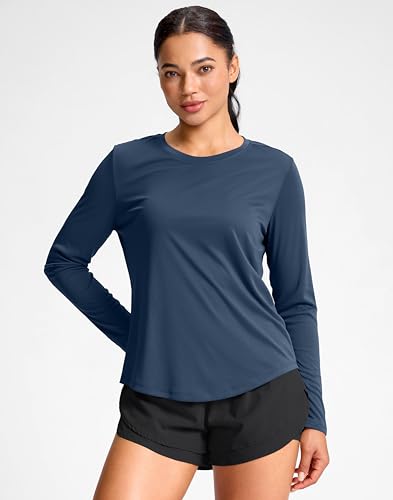 SANTINY Lightweight Long Sleeve Workout Tops for Women Breathable Yoga Gym Athletic Running Hiking Top UPF 50 Sun Shirts Navy_M - Image 3