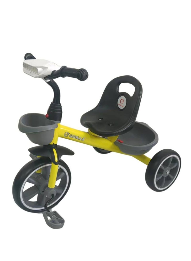دراجة ثلاثية العجلات للأطفال من سنتين إلى خمس سنوات، مع سلة تخزين مزدوجة ومقبض دفع للوالدين | دراجة أطفال للأولاد والبنات (أصفر)