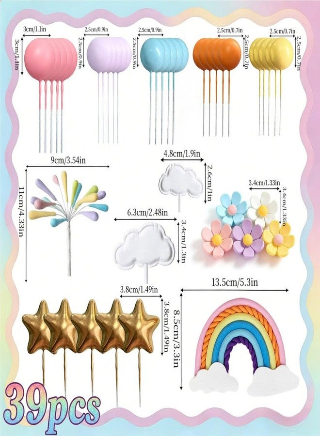 Treayes Rainbow Cake Topper 39pcs Rainbow Cake Decorations with Pastel Balls Topper Daisy Flower Cupcake Decroation,Boho Party Decorations for Groovy Hippie Birthday Wedding Baby Shower Cupcake Decorations - Image 2