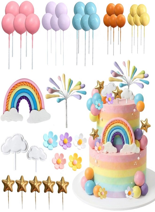 Treayes Rainbow Cake Topper 39pcs Rainbow Cake Decorations with Pastel Balls Topper Daisy Flower Cupcake Decroation,Boho Party Decorations for Groovy Hippie Birthday Wedding Baby Shower Cupcake Decorations - Image 1