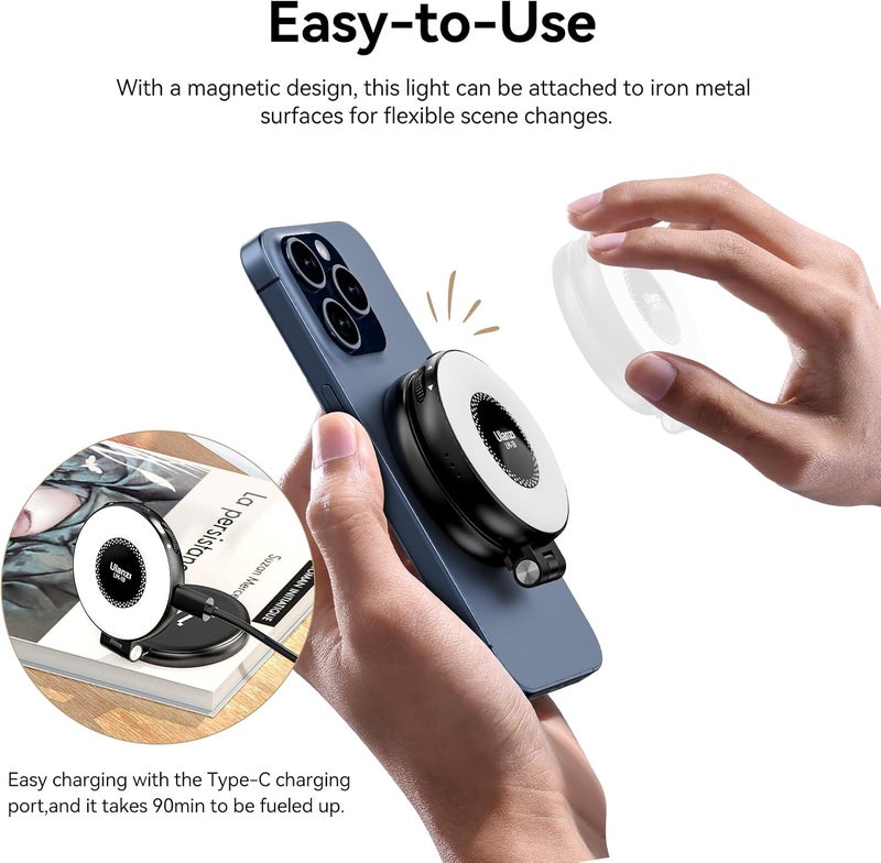 يو يو ريج ضوء تعبئة لملحق ضوء حلقة السيلفي LED المتوافق مع Magsafe، سطوع قابل للتعديل، متوافق مع Magsafe لهاتف iPhone والهواتف الذكية، للمدونات المرئية/التصوير/مؤتمرات الفيديو، اللون أسود - Image 5