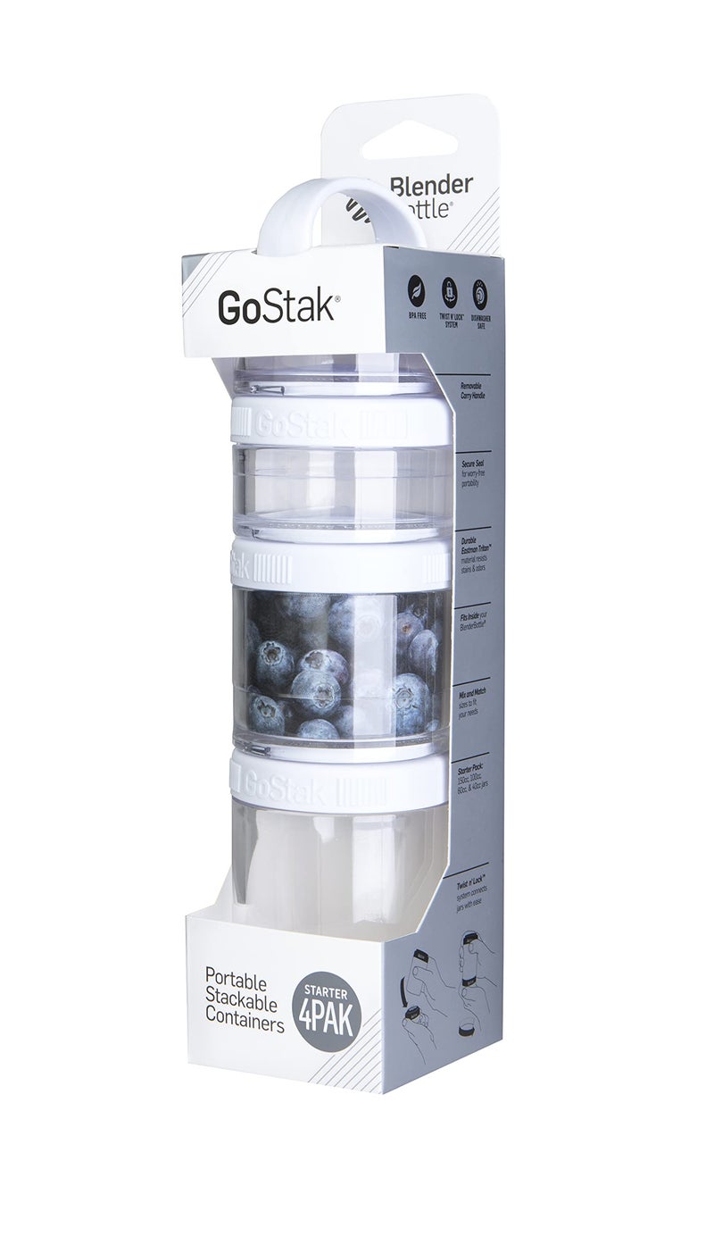 BlenderBottle GoStak Food Storage Containers for Protein Powder, Healthy Snacks, and Portion Control, 4-Piece Starter Pak, White