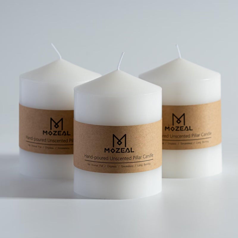 MOZEAL 3 x 4 HandPoured Unscented White Pillar CandlesDripless Candles Set of 3SmokelessClean BurningApprox 60 Hours Burn TimeWeddingDinnerChristmas and Home Decor3 Inch Width Series