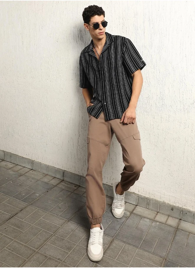 Hubberholme Men's Black Cotton Blend Striped Button Down Oversized Shirt